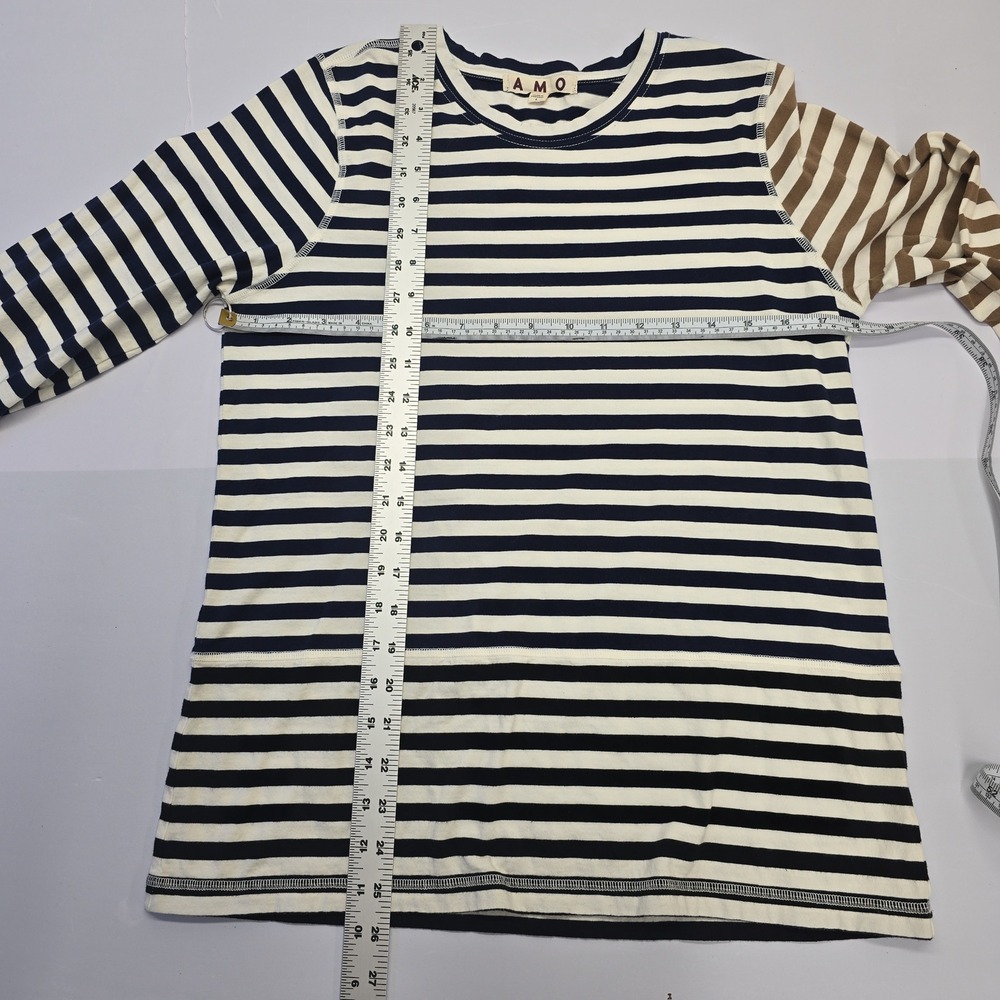 AMO Women Striped Long Sleeve Cotton Tee Shirt Navy Red Brown Mixed Stripe‎ L - Picture 4 of 9